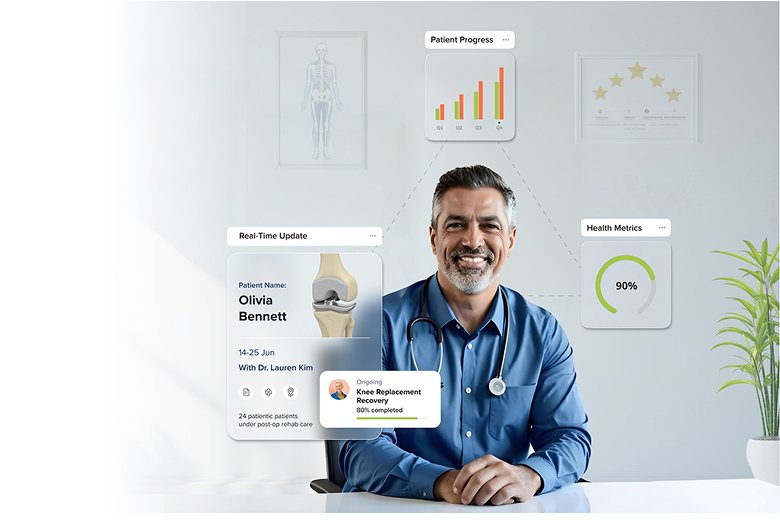 A smiling doctor uses a telehealth interface showing a patient's knee replacement recovery status and health metrics.