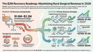 Infographic showing how rural Critical Access Hospitals can recover up to $2.2M in surgical revenue by 2026 through OR optimization, post-discharge monitoring, and swing-bed capture.